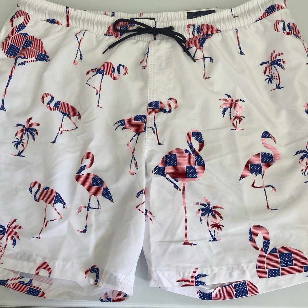 Club Room Mens XXL White Flamingo American Flag Swim‎ Trunks New Quick Dry 7in
